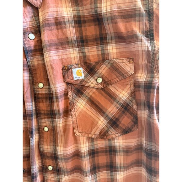 Carhartt Mens 2XL Relaxed Fit Plaid Short-Sleeve Button-Up Shirt Orange/Brown - Picture 3 of 10